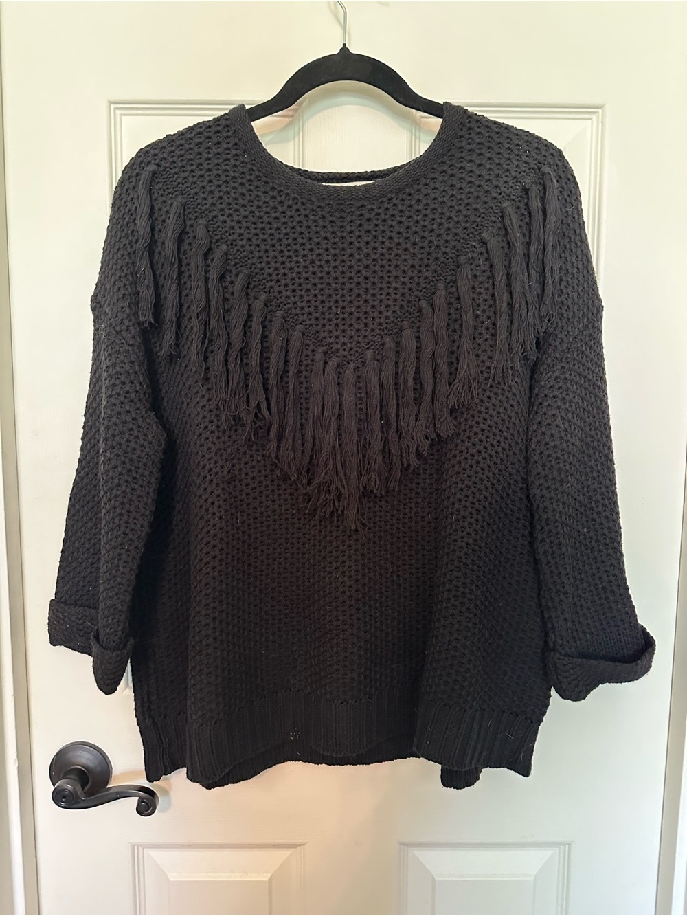Mustard Seed Black Fringe Crewneck Sweater